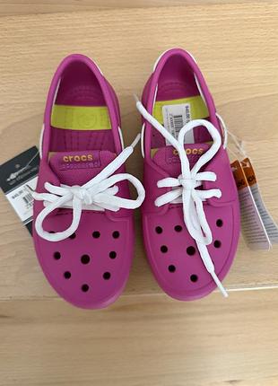 Мокасини для дітей crocs beach line lace up boat shoes фуксія, розмір с11, довжина устілки 17,4 см, матеріал croslite
