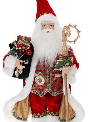 Новогодняя фигурка санта клауса 45см, красно-зеленая, с подарками и посохом