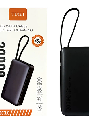Повербанк tugii y45 20000mah со встроенными кабелями поддержкой быстрой зарядки pd и qc 3.0 45 вт черный