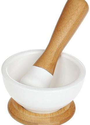 Ступка фарфоровая nouvelle home 9х9х5.5см с бамбуковой подставкой и пестиком для специй