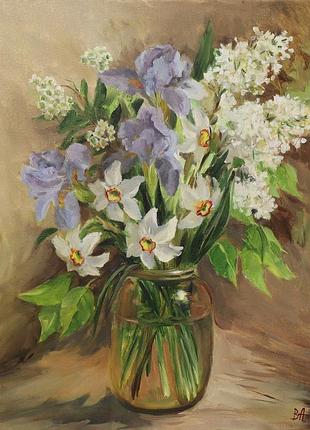 Картина маслом "весняні квіти", 40×30 см, холст на подрамнике, масло. василькова алла