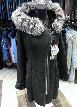 Дублянка з капюшоном,замша приталена з чорнобуркою