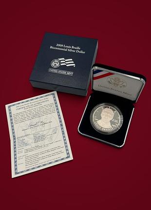 Срібна пам'ятна монета 1 долар сша 2009 — 200 років луї брайлю (proof, у капсулі, футлярі та з сертифікатом)