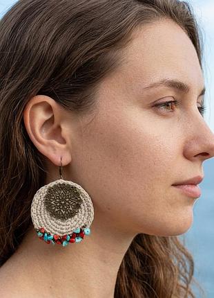 Круглые серьги бохо льняные этнические летние украшения