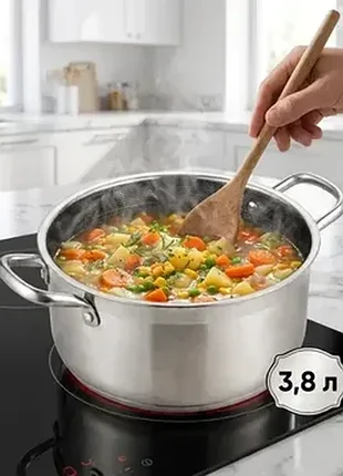 Кастрюля benson bn-436 3,8 л с крышкой, антипригарное покрытие, нержавеющая сталь, 22 см