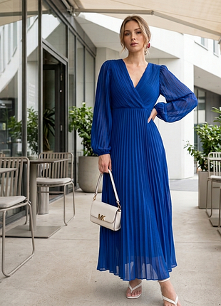 Синее плиссированное платье макси с объемными рукавами boohoo s