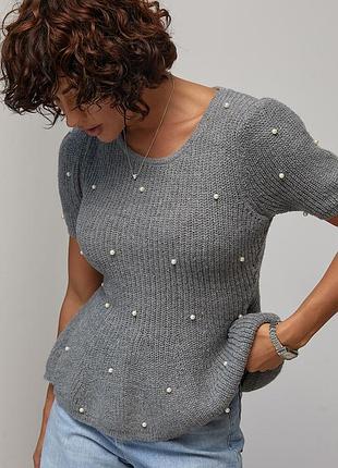 В'язана кофта з баскою та перлинами - сірий цвет, one size (є розміри)
