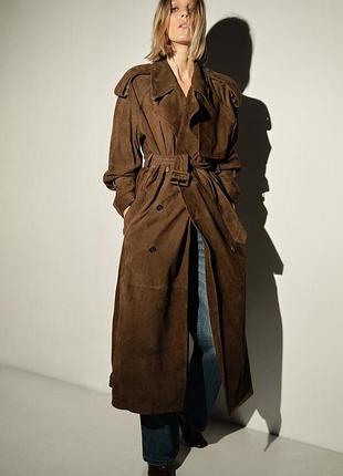 Длинный кожаный плащ тренч из натуральной замши высокого качества zara limited edition