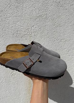 Клоги шльопанці birkenstock сірі замшеві натуральні жіночі чоловічі