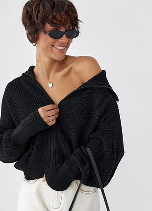 Вязаный женский кардиган на молнии - черный цвет, one size (имеется размеры)