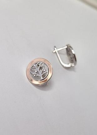 Серебряные серьги дерево с золотой пластиной с белыми камнями серебро 925 пробы родированное 1743с 2.52г