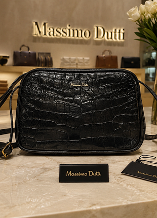Сумка женская massimo dutti натуральная кожа черная тиснение под крокодил