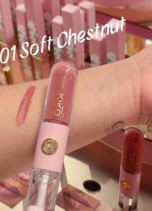 Стойкая жидкая помада и блеск kiko milano threads of time unlimited double touch le - 01 soft chestnut (000281-01)