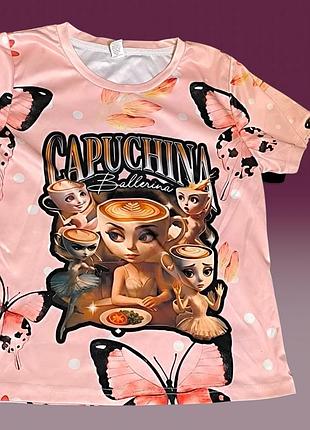 Ефектна рожева футболка з принтом «capuchina ballerina»
