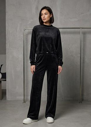 Чорний велюровий костюм з широкими штанами та топом s/m/l