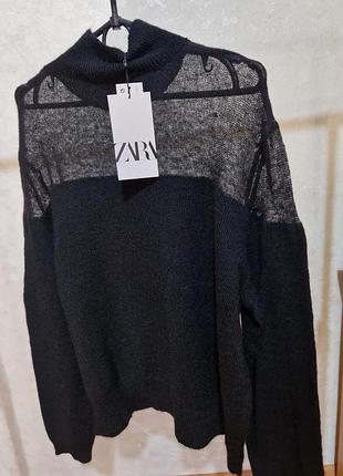 Черный джемпер zara с шерстью и альпакой / свитер с прозрачной сеткой zara