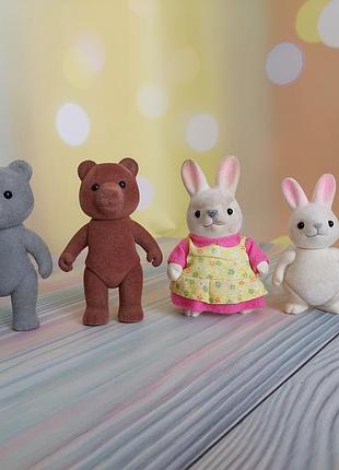 Вінтажні флоковані фігурки ведмедиків та кроликів sylvanian families