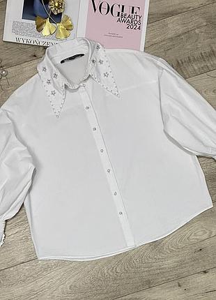 Белая оверсайз рубашка с бусинами zara, р.xs-s