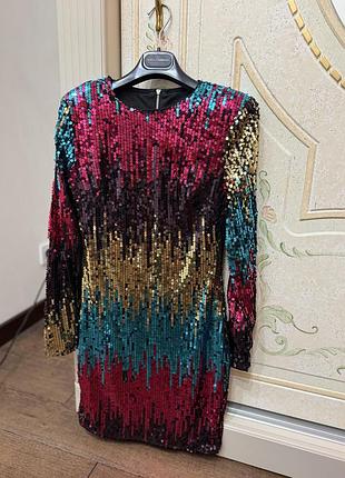 Платье с пайетками разноцветное нарядное мини с длинным рукавом s 36/4 shein