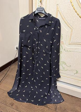 Рубашка m&s collection черное с бабочками, длинный рукав, пуговицы, карманы, размер 44 (eu) / 16 (uk)