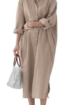 Бежева бавовняна сорочка/сукня міді для жінок plus size
