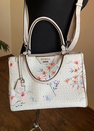 Сумка guess floral сатчел бежева з квітковим принтом
