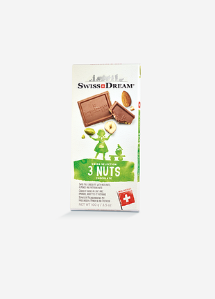 Молочный шоколад swissdream «3 ореха»: миндаль, фундук, фисташка, 100 г