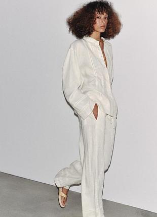 Лляна сорочка zara з ажурними вставками, розмір l