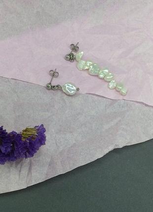 Сережки асиметричні з бароковим перлами1 фото