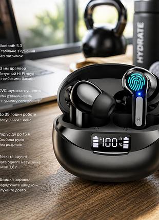 Бездротові навушники bluetooth 5.3 hi-fi, 13 мм, cvc, до 35 годин роботи, 15 м, 3,8 г, швидка зарядка, led-дисплей