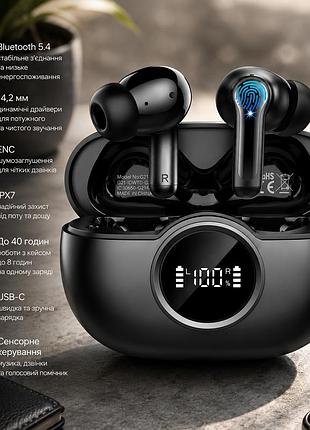 Бездротові навушники rinsmola tws bluetooth 5.4, 14,2 мм, enc, ipx7, 40 год, usb-c, сенсорне керування, black