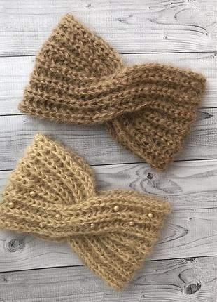 Повязка чалма мохер вязаная тёплая пов’язка мітенки тепла бежева6 фото