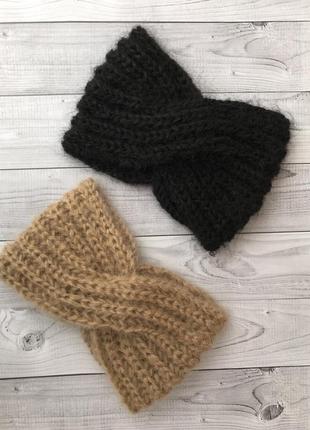 Повязка чалма мохер вязаная тёплая пов’язка мітенки тепла бежева7 фото