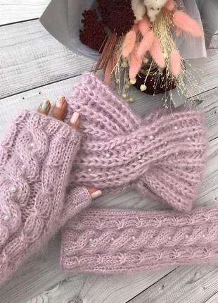 Повязка чалма мохер вязаная тёплая пов’язка мітенки тепла бежева10 фото