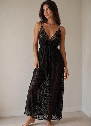 Чёрное кружевное ночное платье 🖤