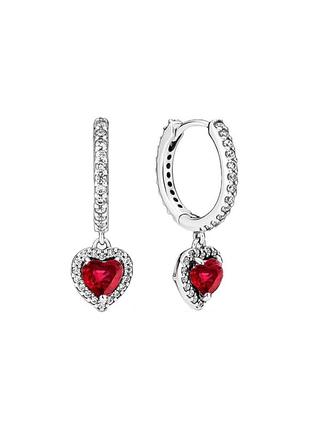 Серебряные серьги пандора сердце сердца с камнями красными pandora