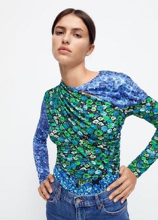 Топ жіночий xs з довгими рукавами zara з драпірованим принтом