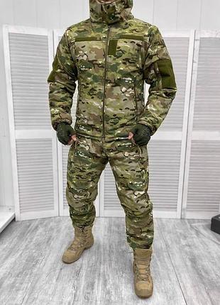 Зимовий тактичний чоловічий костюм softshell (водонепроникний) на флісі + синтепон камуфляж мультикам m