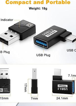 Аудиоадаптер tx40 usb bluetooth 5.2 для pc/ps4/ps5/switch/windows/linux, переходник угловой usb a 3.0 male - usb a female, aptx 2
