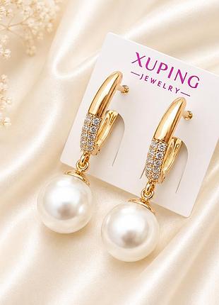 Серьги подвески с жемчугом медзолото xuping 18k. 3 см.