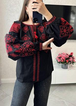 Женская стильная черная вышиванка с красной вышивкой хлопок черный, xxl