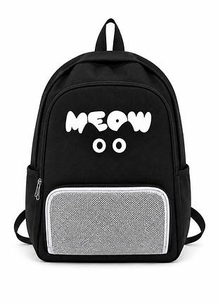 Стильний чорний рюкзак «meow» з прозорою кишенею для значків
