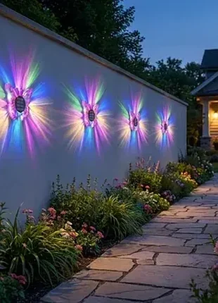 Уличный садовый светильник бабочка на солнечной батарее, rgb led, 3d свечение, автоматическое включение, 2-в-1 (для грунта и стены)