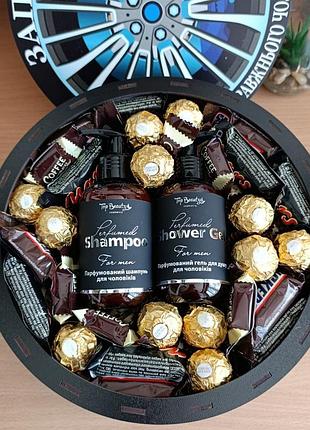 Подарочный мужской бокс в стильной деревянной коробке с косметикой top beauty и конфетами для мужчины(ar456)