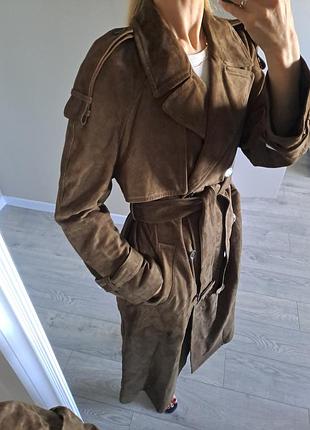 Длинный кожаный плащ тренч из натуральной замши высокого качества zara limited edition