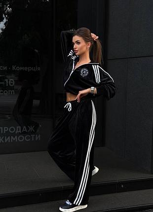 Костюм жіночий спортивний з лампасами велюр чорний  s-m ,l-xl