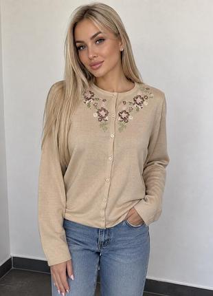 Шерстяний кардиган, кофта, світер з вишивкою шерсть m&s