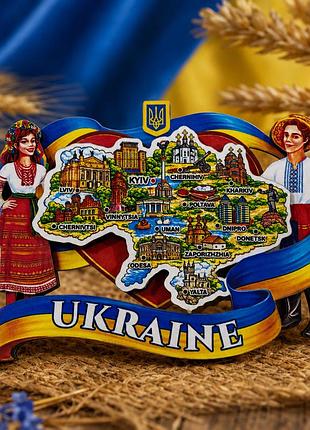 Сувенирный магнит «украина» с картой городов деревянный 9,5×7 см - патриотический магнит на холодильник, украинский сувенир