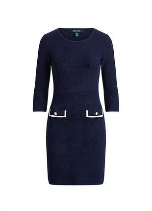 Элегантное брендовое платье lauren ralph lauren, темно-синее трикотажное платье с контрастными вставками и золотыми пуговицами