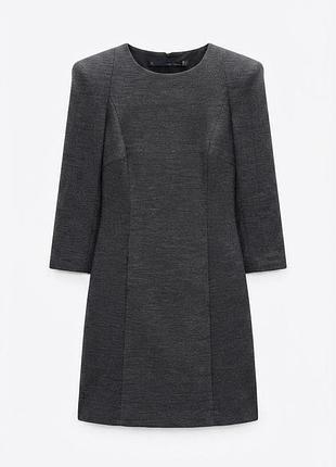 Элегантное серое шерстяное мини-платье zara woman studio с подплечниками и рукавом 3/4, размер s